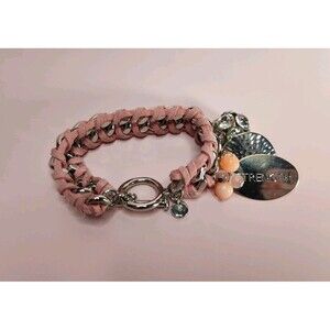 Pink Vintage Silver Tone Chain Heavy Metal Crystal Bracelet 6.5 In Strength Gift